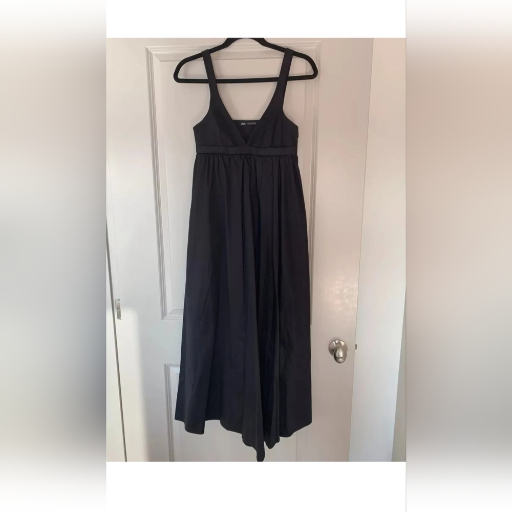 ZARA POPLIN BLACK EMPIRE WAIST MAXI / MIDI DRESS XS EXTRA SMALL